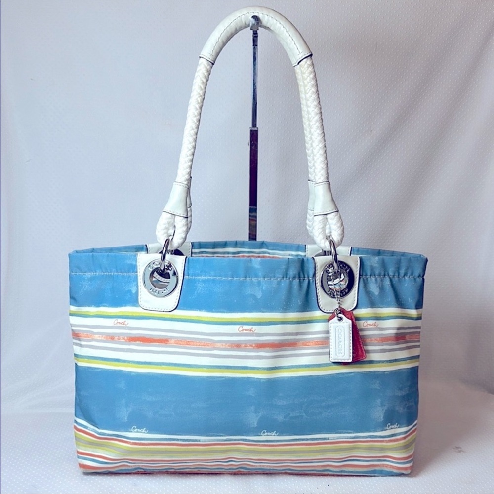 EUC Coach Nylon Blue and White Striped Beach Bag 2 hangtags rope handles